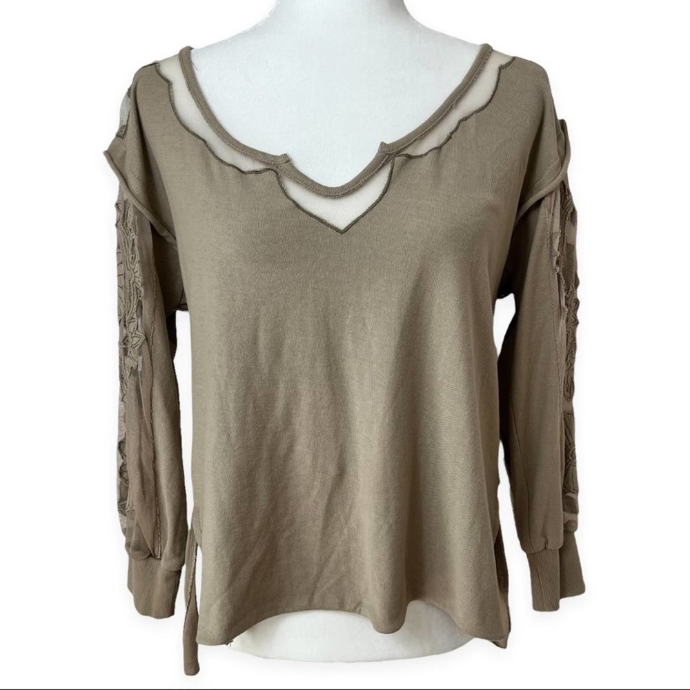 New Romantics FP | Women's Beige Floral Sheer Mesh Long Sleeve Sweater Top